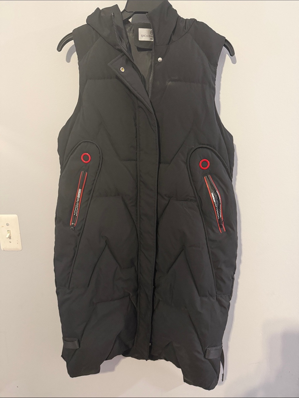 Long Quilted Hooded Vest - Black